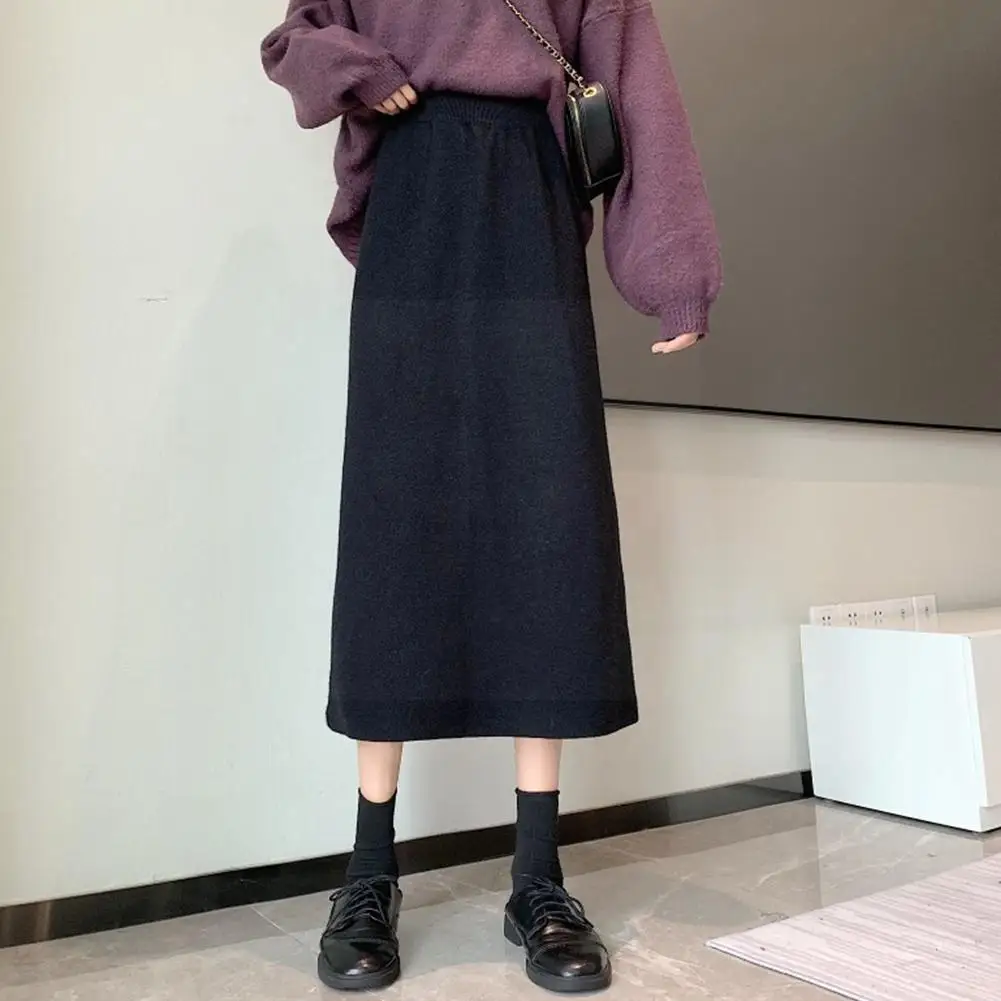 

Elastic Waist Women Long Skirt Knitted Pencil Skirt Female Autumn Winter Split Wool Skirts One-step Black Knitting Z3Q0