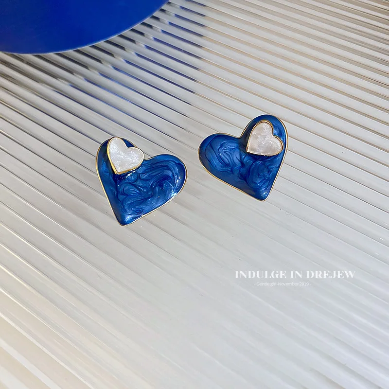 Fashion Double Blue Love Heart Stud Earrings for Women Girls Korean Wedding Party Statement Enamel Jewelry Lady Friendship Gift