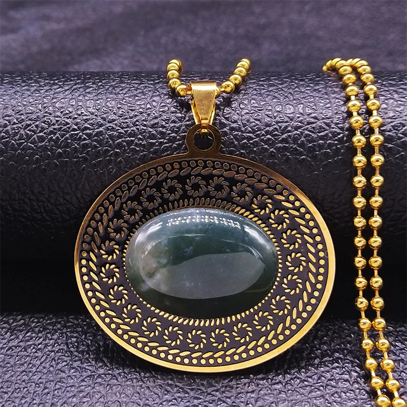 

Bohemain Green Natural Stone Stainless Steel Pendant Necklace Women Gold Color Flower Necklaces Jewelry cadenas mujer N3607S04
