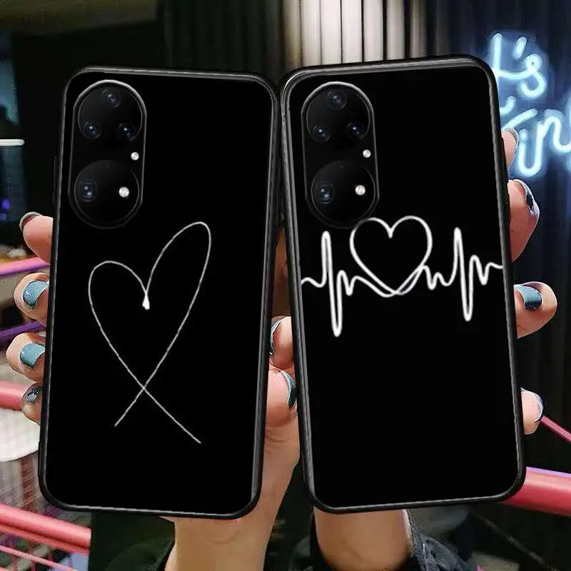 

Black Simple Lines Love Heart Phone Case For Huawei p50 P40 p30 P20 10 9 8 Lite E Pro Plus Black Etui Coque Painting Hoesjes com