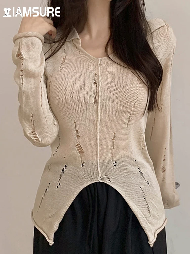 

IAMSURE Casual Solid Hollow Out Split Sweaters Loose Turn-Down Collar V-Neck Long Sleeve Knitted Pullovers Women 2023 Autumn