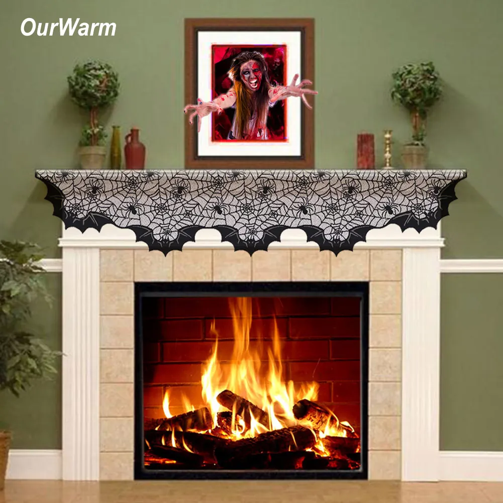

OurWarm Halloween Party Witchy Decorations Lace Spider Web Fireplace Scarf Mantle Decorative For Home Party Decorations Supplies