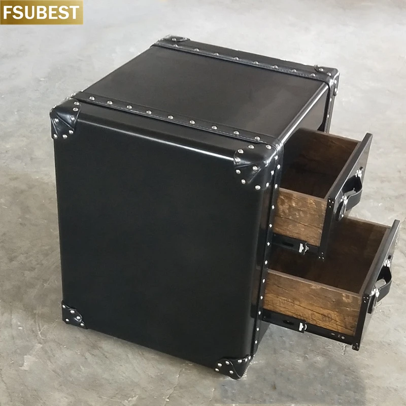 

Retro American Style Black Leather Canvas Aluminum Rattan Hotel Tavern Corner Cabinet Industrial Style Bedroom Furniture Table