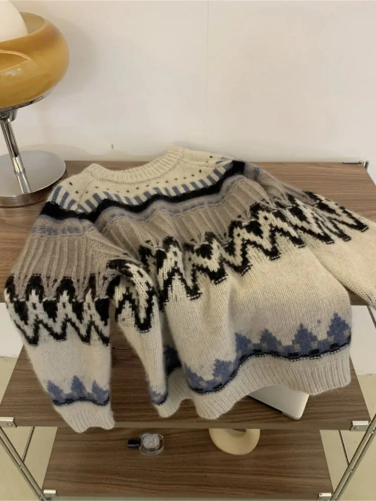 

Женские свитера, Женские винтажные корейские универсальные шикарные пуловеры с круглым вырезом, популярный зимний женский свитер с длинны...