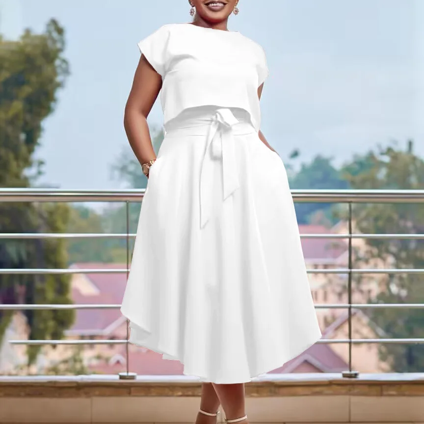 Plus Size Two Piece Dress Solid Shirt Top Loose Luxury Party Dress Korean Style Casual Outfit 2023 Summer Female Matching Sets