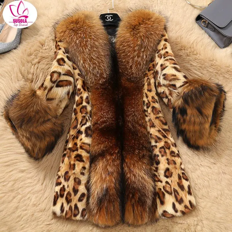 

SUSOLA S-6XL Leopard Print Sexy Natural Fox Fur Coats Outerwear Women Whole Skin Fur Overcoat Jackets Raccoon Dog Fur Collar