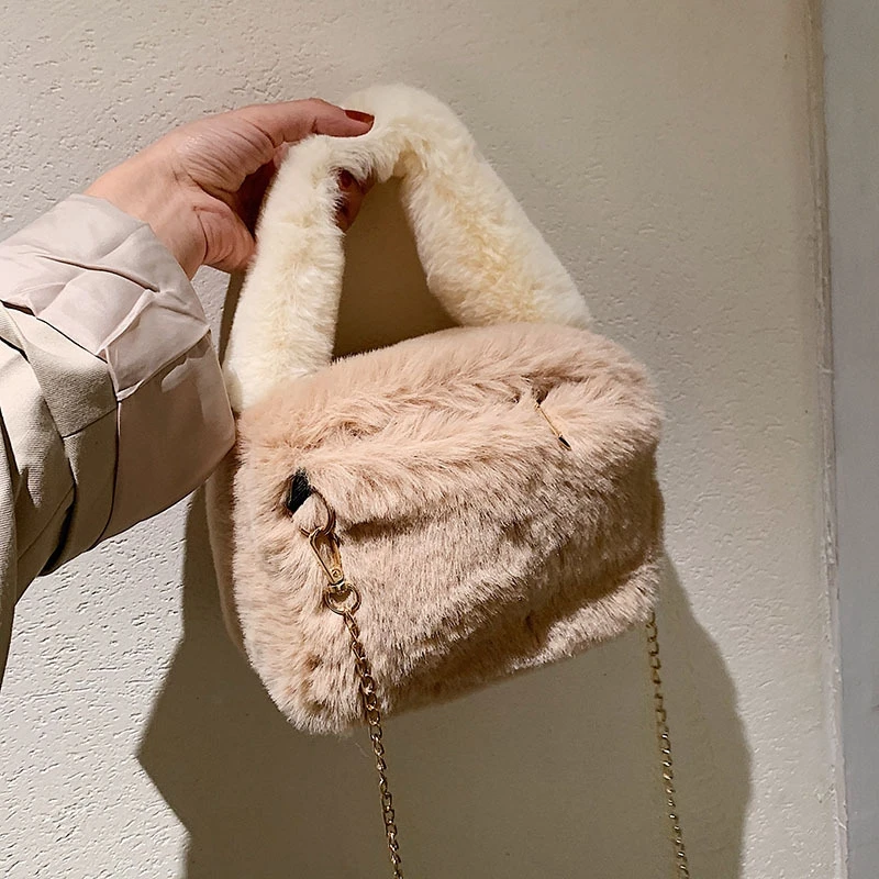 Casual Zipper Fluffy Square bag Travel Street Messenger Bag Girl Plush Handbag Chain Female Phone Shoulder bag