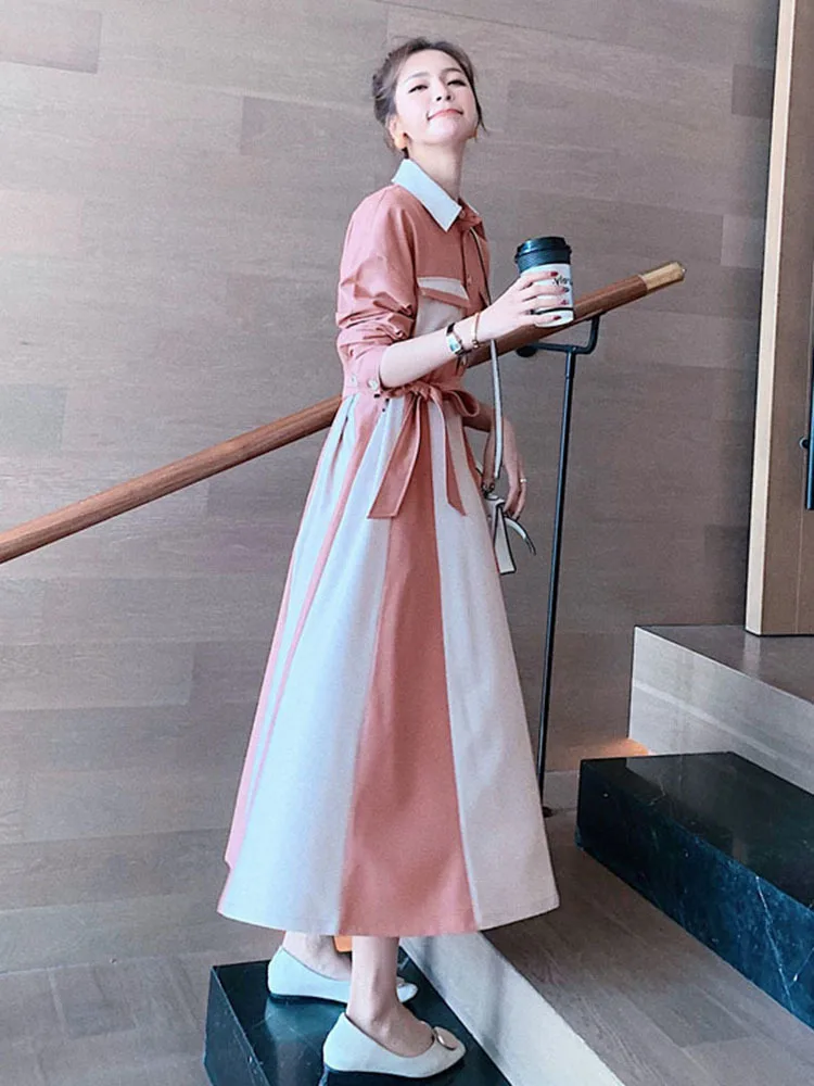 Платье LANMREM New Women осень женские пэчворк цвет контраст регулируемая талия длинный рукав отложной воротник модные платья 2J1362.