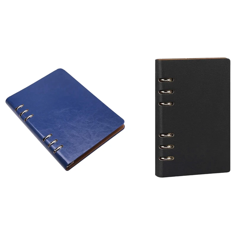 

2Pcs A5 Notebook 6 Holes Cover Notebook Loose Pocket Leather Refillable Notebook Binder Rings Journal,Black & Blue