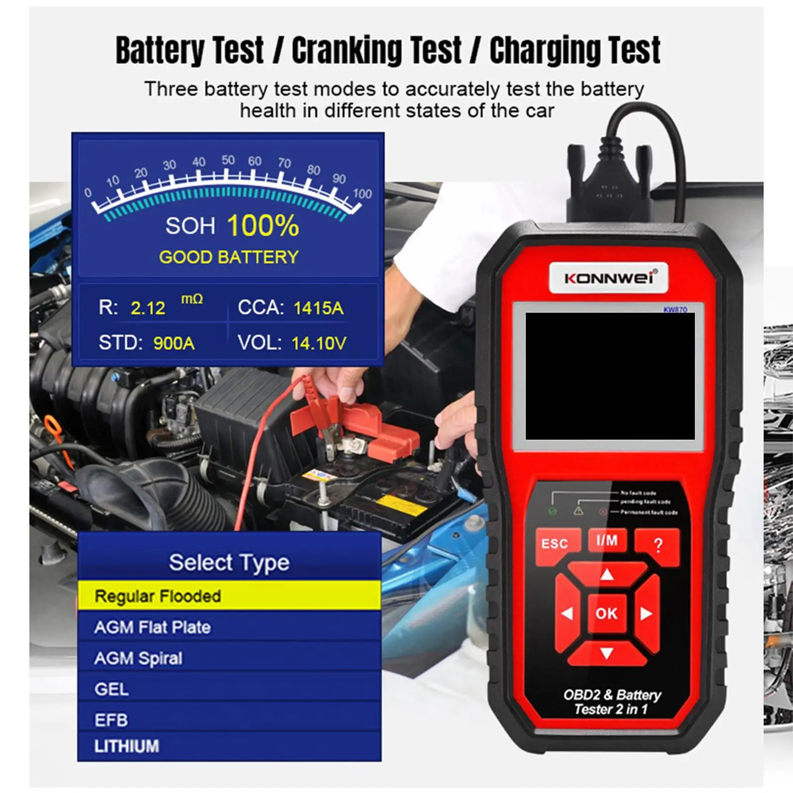 

kW870 OBD2 Scanner 6V 12V Car Battery Tester LCD Screen Fits for Motorcycle