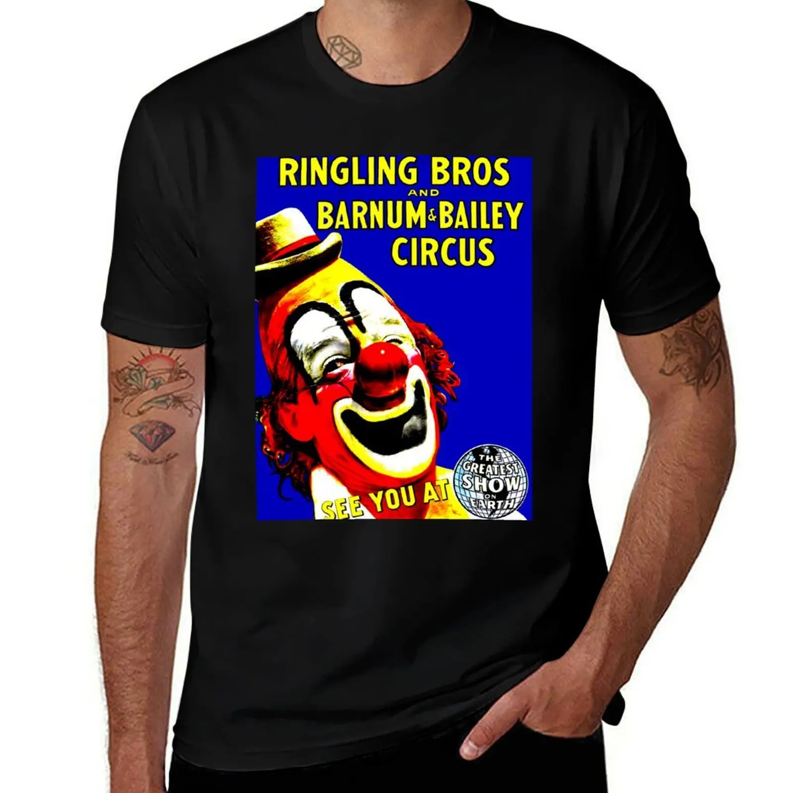 Фото Футболка с цирковым принтом RINGLING BROS. BARNUM and BAILEY, винтажная, 1910 года, для работы на открытом воздухе, мужская. №1