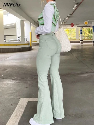 Women Flare Jeans Pants Button Down Pants Zipper Stretch Jeggings Elastic Denim Cut Leggings Bootcut Casual Fashion Trousers New