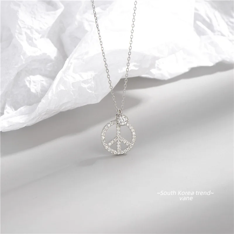 

Genuine 100% 925 Sterling Silver Crystal Peace Sign Pendant Necklaces Sterling Silver Chain Necklaces Fine Jewelry