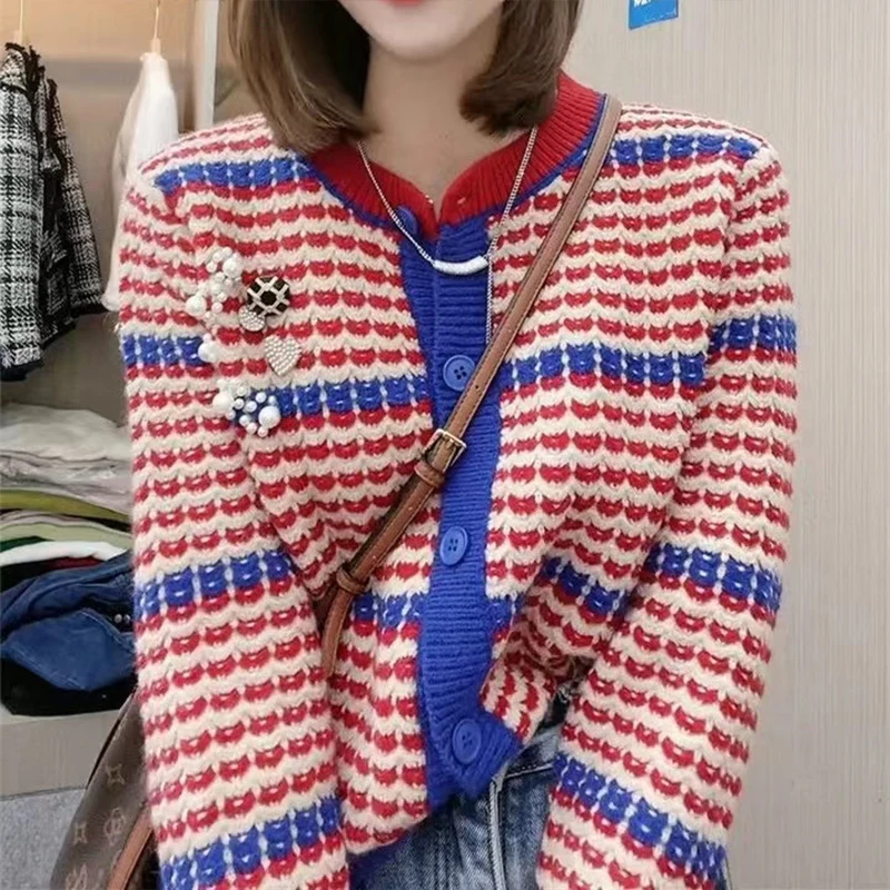 

Женский вязаный свитер DUOFAN, винтажный однобортный Кардиган с узором «гусиные лапки», украшенный жемчугом, в Корейском стиле