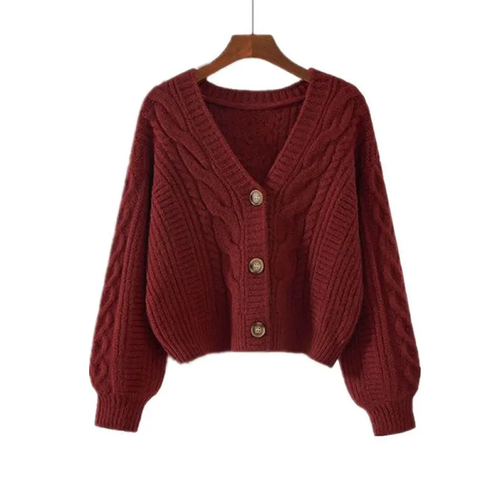 Фото Loose Fit Cardigan Women Sweater V Neck Vintage Twist Knit Long Sleeve Button Up Casual Autumn Winter Outerwear New Tops №2