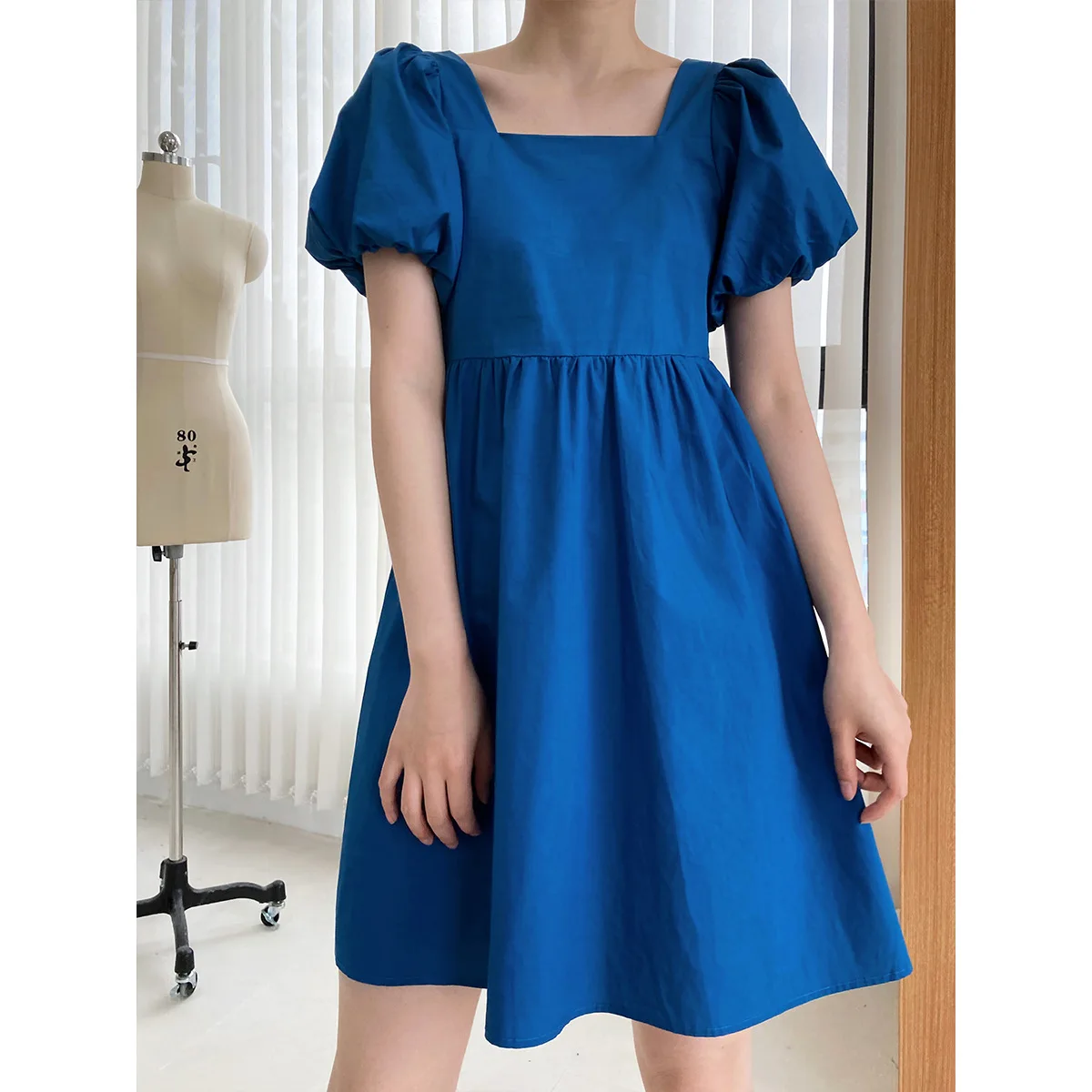 

Casual Women's Fashion Dresses 100% Cotton Blue Above Knee Mini Dress Puff Sleeve Square Collar Party Summer Dresses Woman 2022