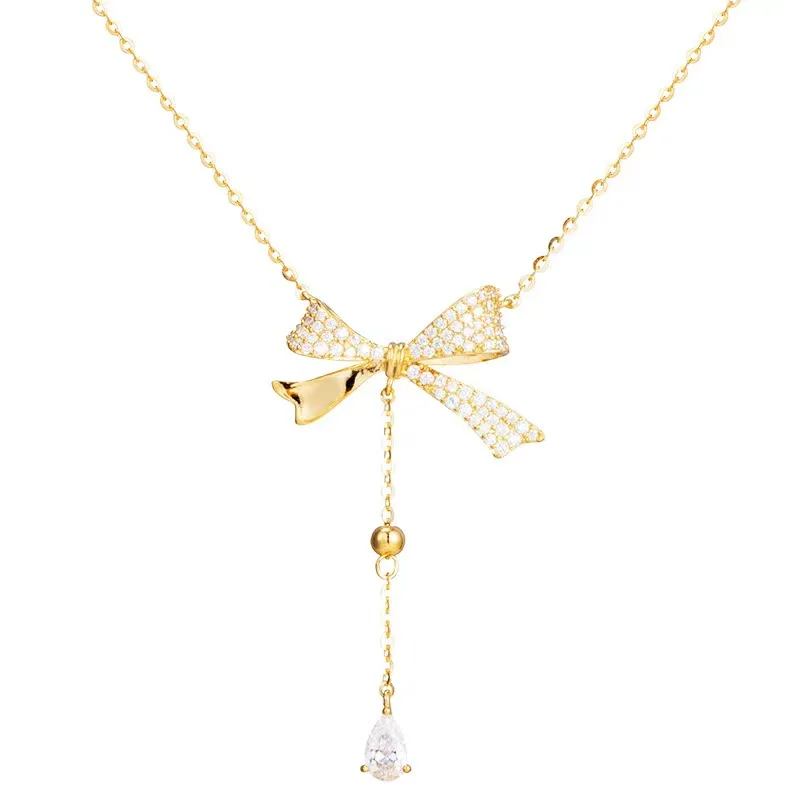 

925 Silver Popular Bow Zircon Necklace For Women Classy Sweet O-shaped Chain Elegant Quit INS