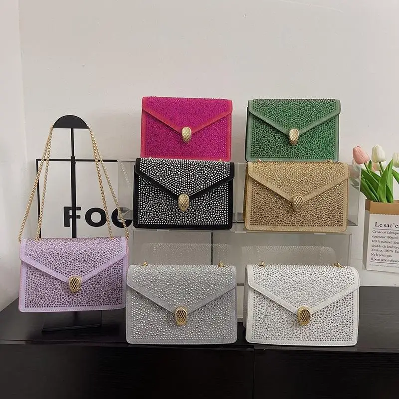 

European and American Vintage 2023 Envelope Simple Single Shoulder Oblique Straddle Bag Water Diamond Chain Small Square Bag
