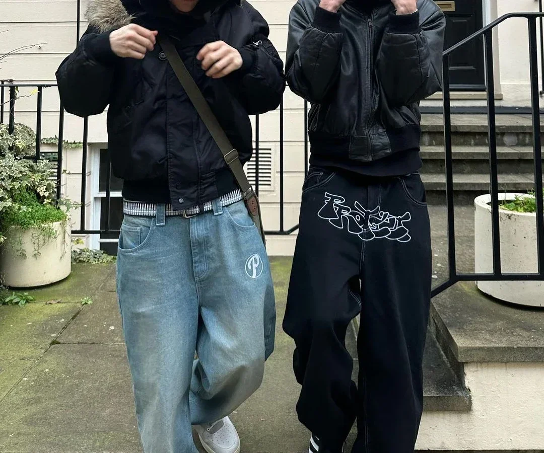 Y2K Męskie niebieskie dżinsy z nadrukowanymi literami wysokiej klasy moda hip-hopowy trend proste spodnie na co dzień luźna para uliczne