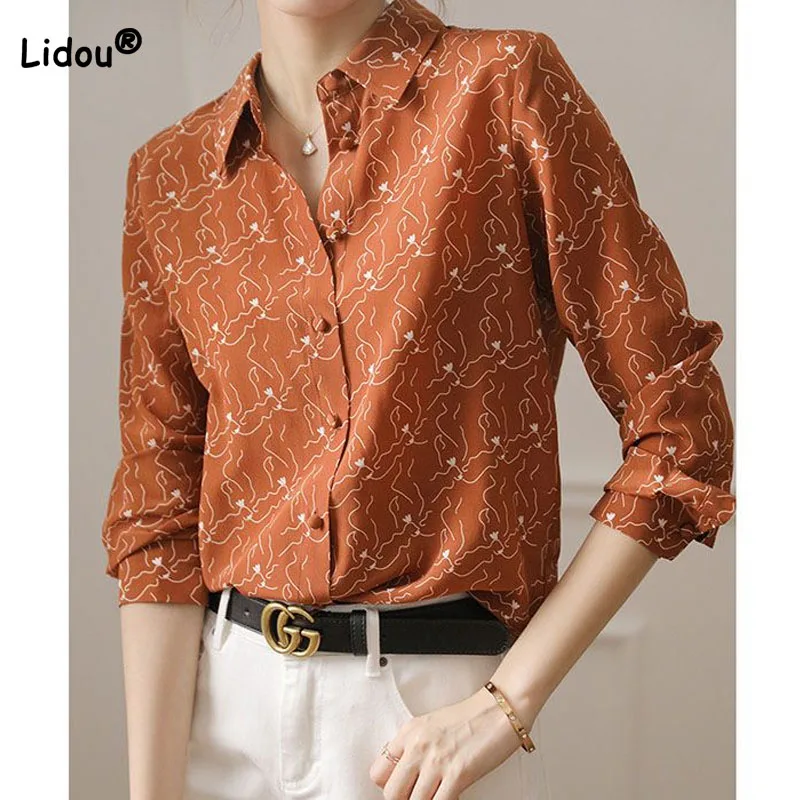

Office Lady Vintage Printed Long Sleeve Shirt Stylish Commute Polo-Neck Single-breasted Blouse Spring Autumn Women's Clothing