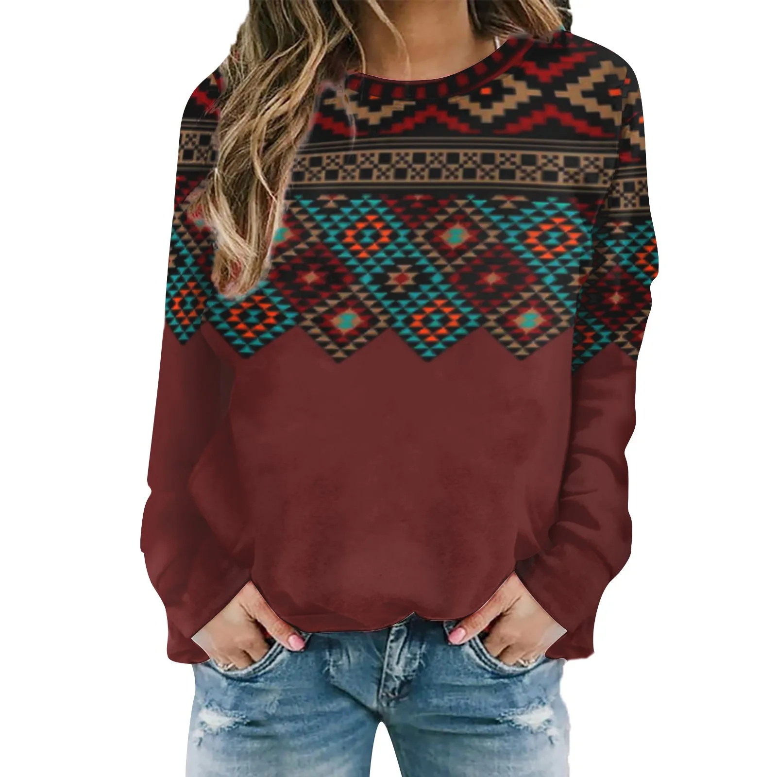 

Женский свитшот с длинным рукавом и круглым вырезом, в этническом стиле