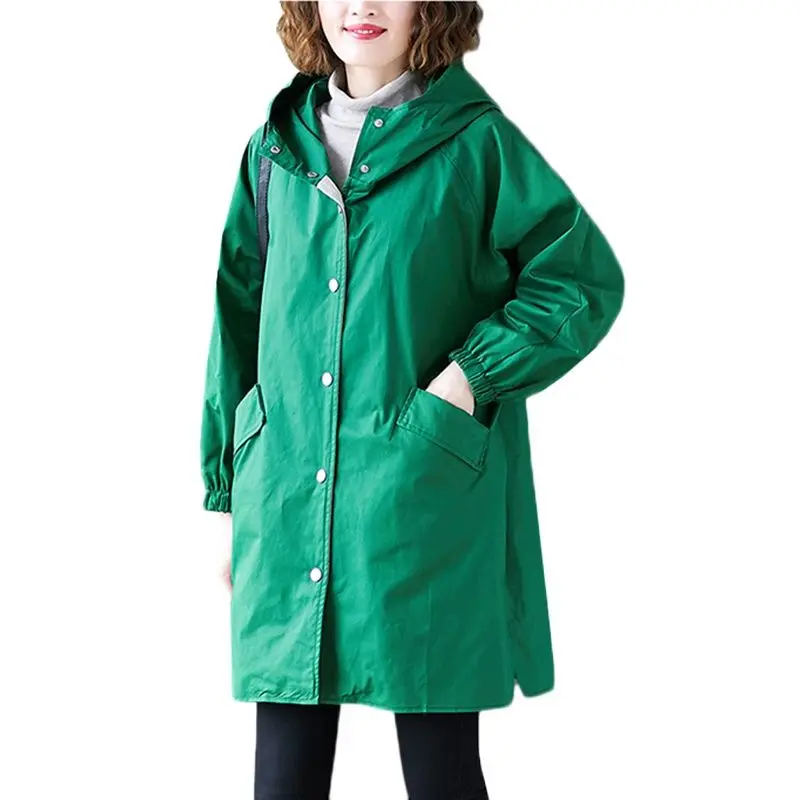 

Spring Autumn New Mid-Length Trench Coat Women Clothes Loose Hooded Windbreaker Overcoat Single-Breasted Outerwear Female A168