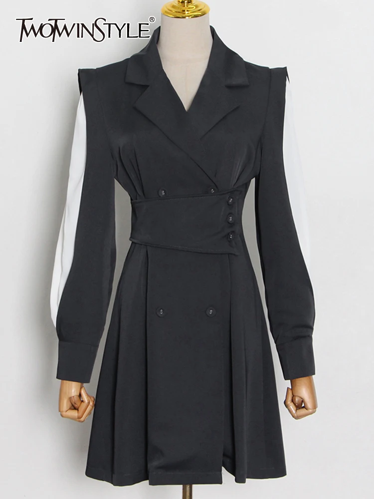 

TWOTWINSTYLE, элегантное хит разноцветное платье для женщин, с вырезами, с длинными рукавами, с высокой талией, с поясом, приталенное ТРАПЕЦИЕВИДН...