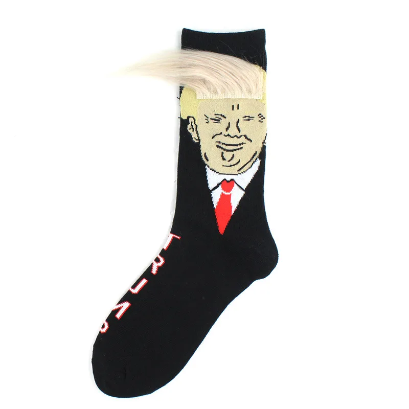 Funny President Donald Trump Socks with 3D Fake Hair Crew Socks Mens Compression Socks Streetwear Hip Hop 2022