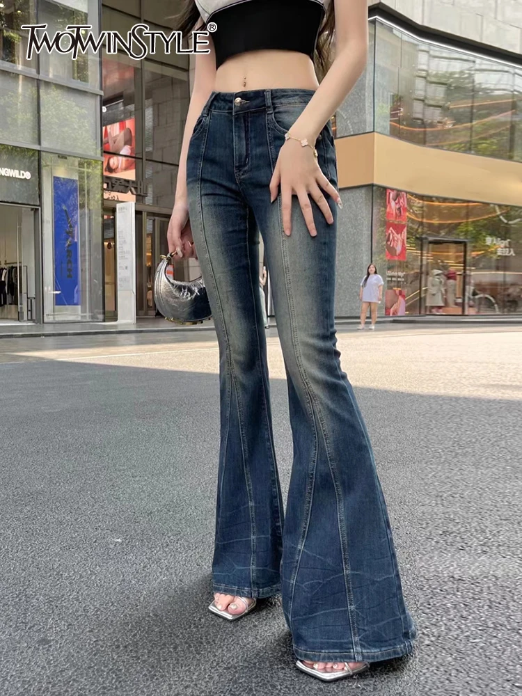 

TWOTWINSTYLE Casual Gradient Jeans For Women High Waist Full Length Slimming Temperament Flare Pant Female Fashion Clothing 2023