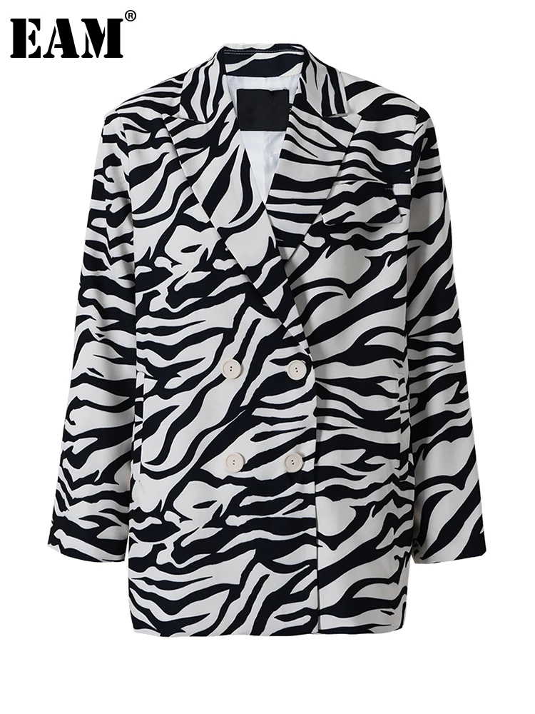 

[EAM] Женский блейзер с принтом зебры, большой размер, новинка, с отворотом, длинный рукав, свободный крой, куртка, модная, весна-осень 2023, 1DB32900