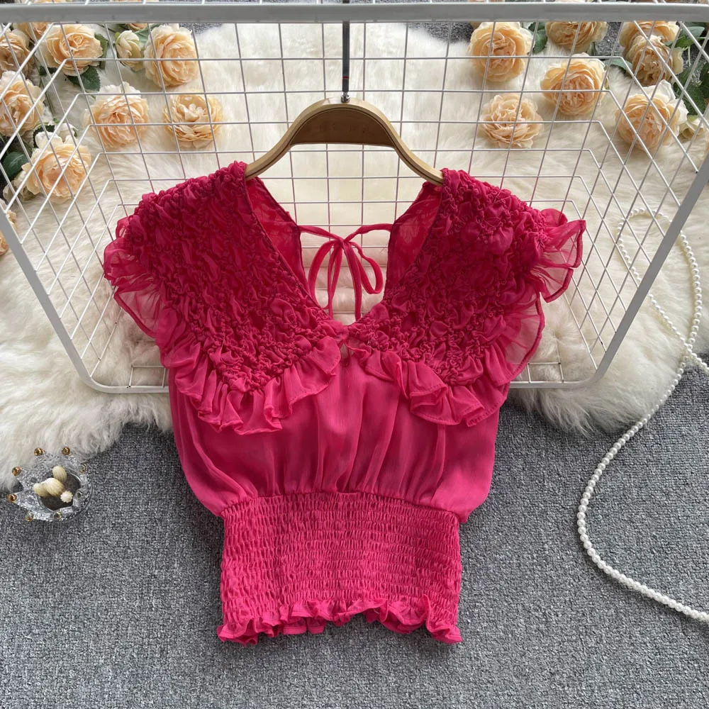 

Korean Chic V-neck Sleeveless Shirt for Women New Fashion Summer Wear Short Tops Solid Color Blouse Blusas Para Mujer F102