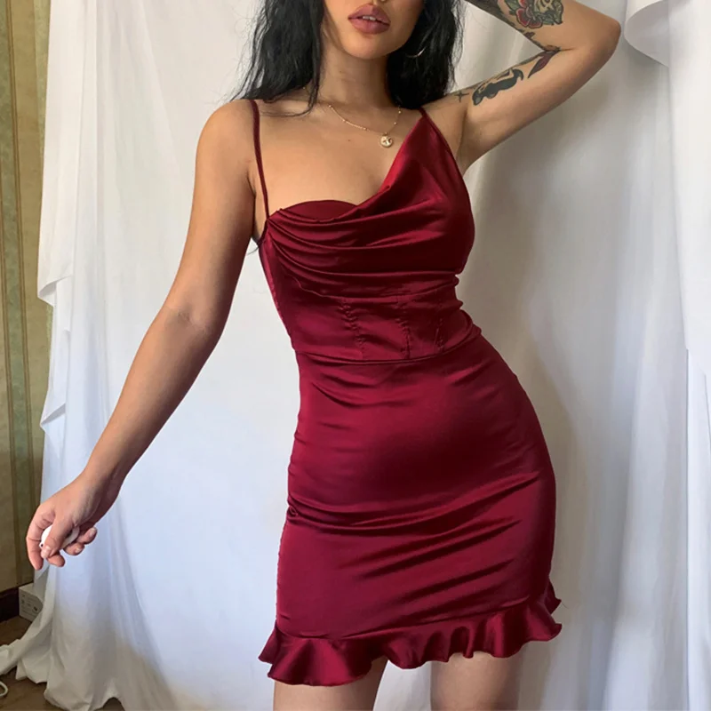 

Женское облегающее мини-платье на тонких лямках для вечеринки/бара/клуба, модное женское простое плиссированное платье на бретельках с низ...