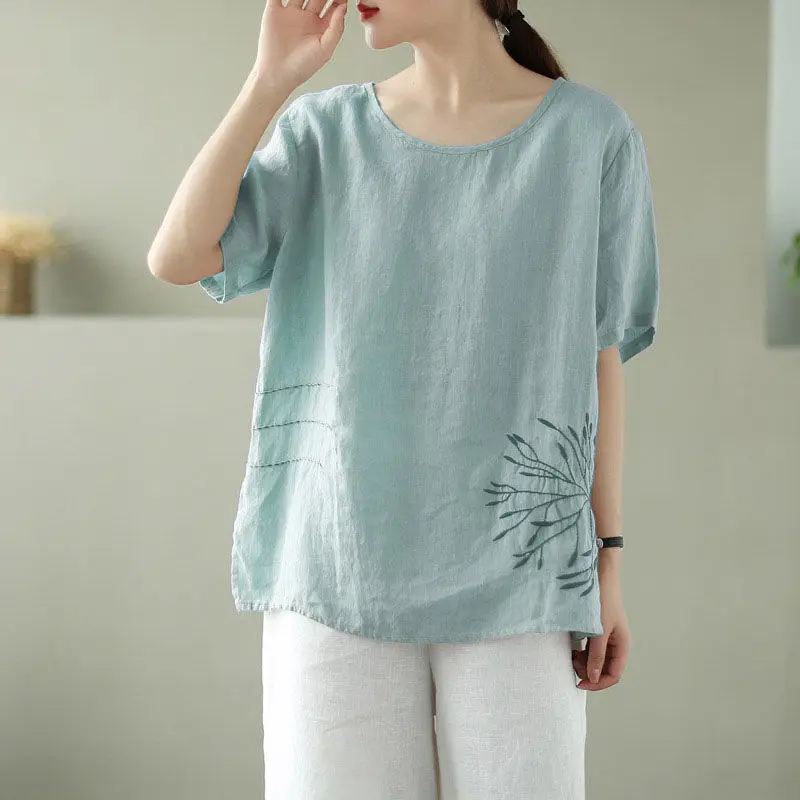 

Женская винтажная рубашка с цветочной вышивкой, из хлопка и льна, рубашка с круглым вырезом и коротким рукавом, женский летний свободный универсальный топ, новинка 2023