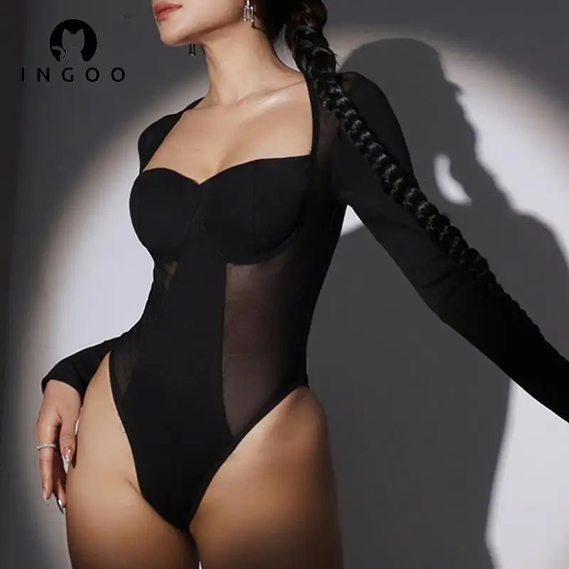 INGOO Mesh Patchwork Sexy Sheer Black Bodysuit Long Sleeve Ladies Bodysuit Overall Romper Party Night Club Womens Body Suits Top