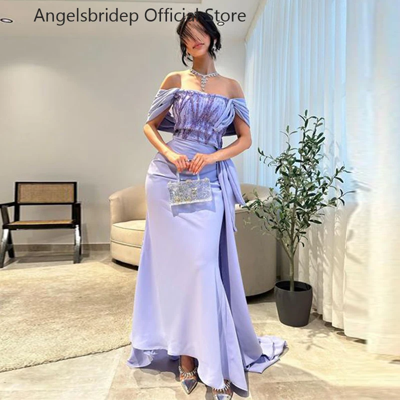 

Элегантное Лавандовое платье Angelsbridep для выпускного вечера, атласные вечерние платья русалки с открытыми плечами, искусственное платье для вечеринки