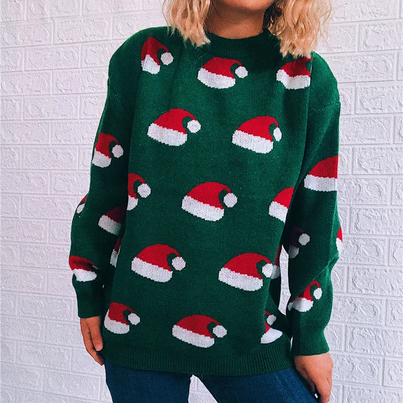 

New Fashion Christmas Hat Pattern Sweater Crew Neck Long Sleeve Tops New Year Knitted Pullover Women Thickened Warm Pull Clothes