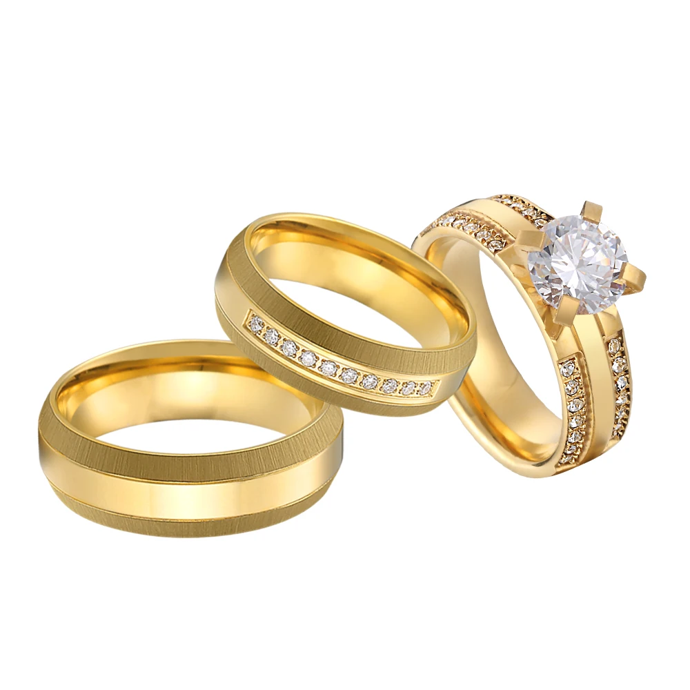 

Unique 3pcs Bridal Promise Wedding Engagement Rings Sets For Couples Lovers Alliance 24k Gold Plated Jewelry Ring