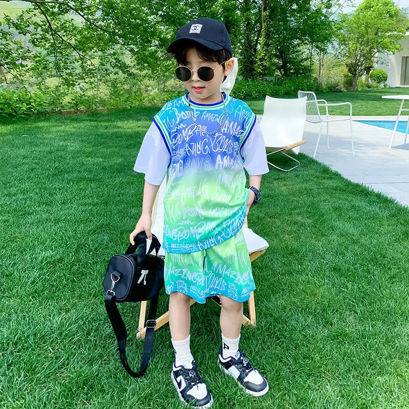 Children's Clothing Boys' Sports Short Sleeve Suit Summer Clothes Cool Handsome Medium and Large Children Basketball Wear
