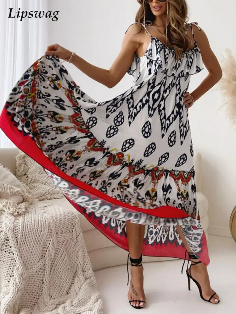 

Vintage Pattern Printed Patchwork Loose Dress Women Summer Casual Sleeveless Sling Party Dresses Ladies Elegant Boho Maxi Dress