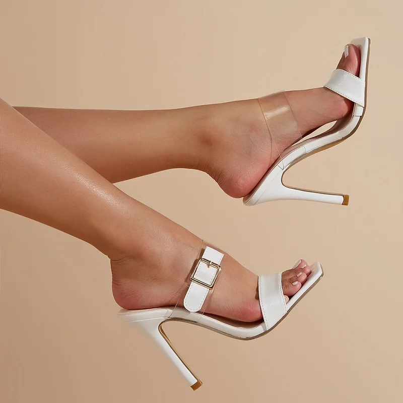 

2022 High Quality Party High Heels Women Transparent Word with Square Toe Stiletto Women Sandals Plus Size White Heels Slippers