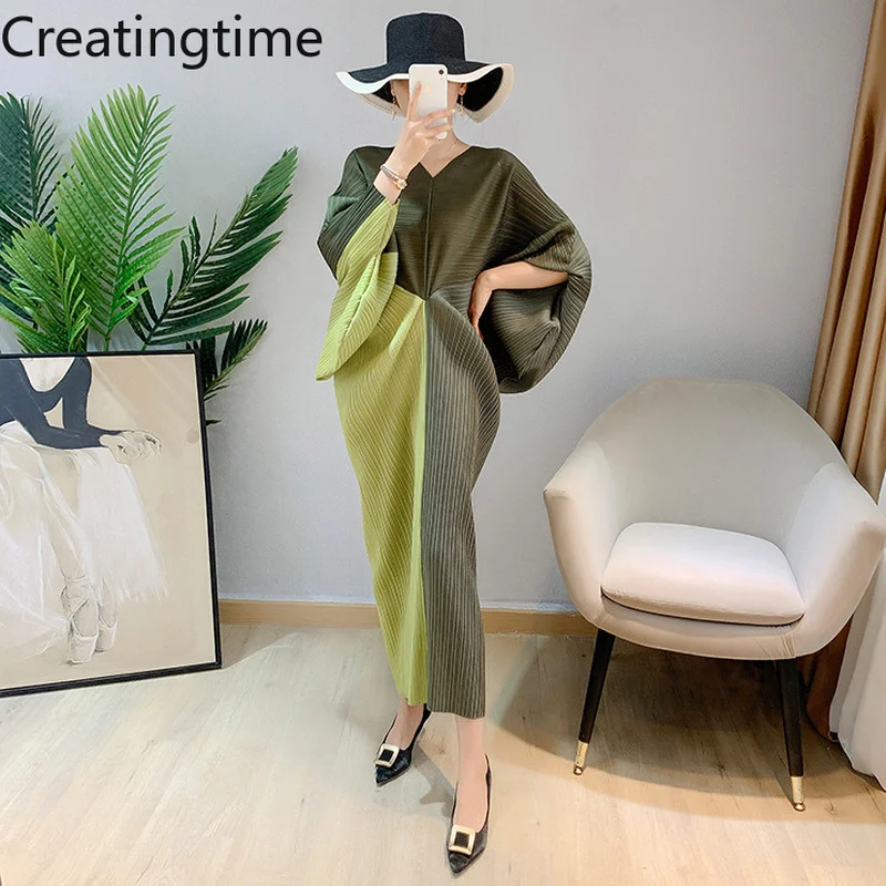 

Creatingtime Pleated Contrast Color Patchwork Loose High Waist Dress 2023 Summer New V-neck Batwing Sleeve Fashion Women's LH217