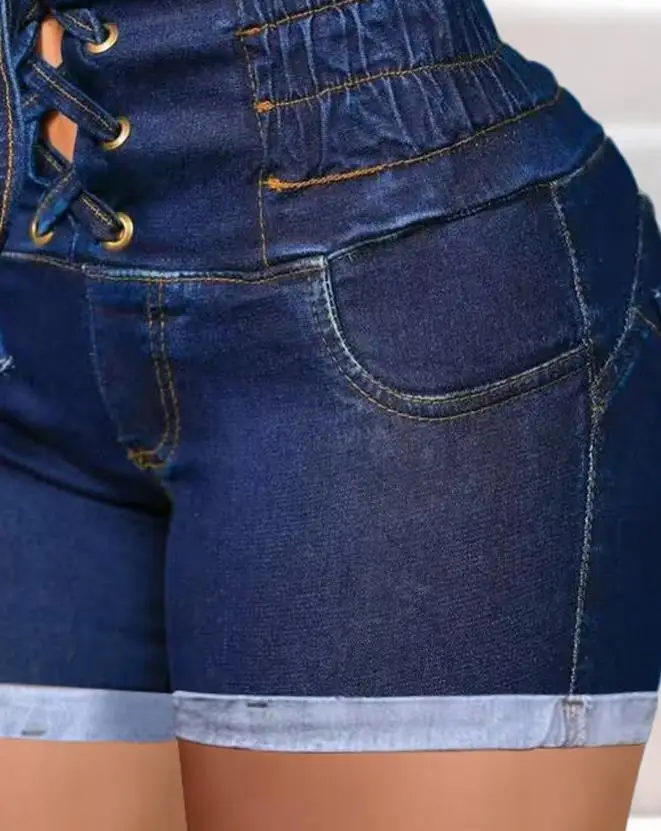 Shirred Lace-Up High Waist Denim Shorts for Summer Casual Ladies Plain Slight Stretch Women's Fashion New Skinny Short Jeans