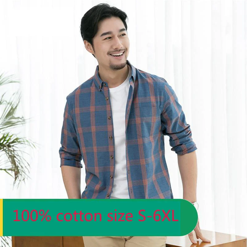 

New Arrival Spring Men Long Sleeve 100% Pure Cotton Casual Shirts Plaid High Quality Autumn Plus Size M L XL 2XL 3XL 4XL 5XL 6XL