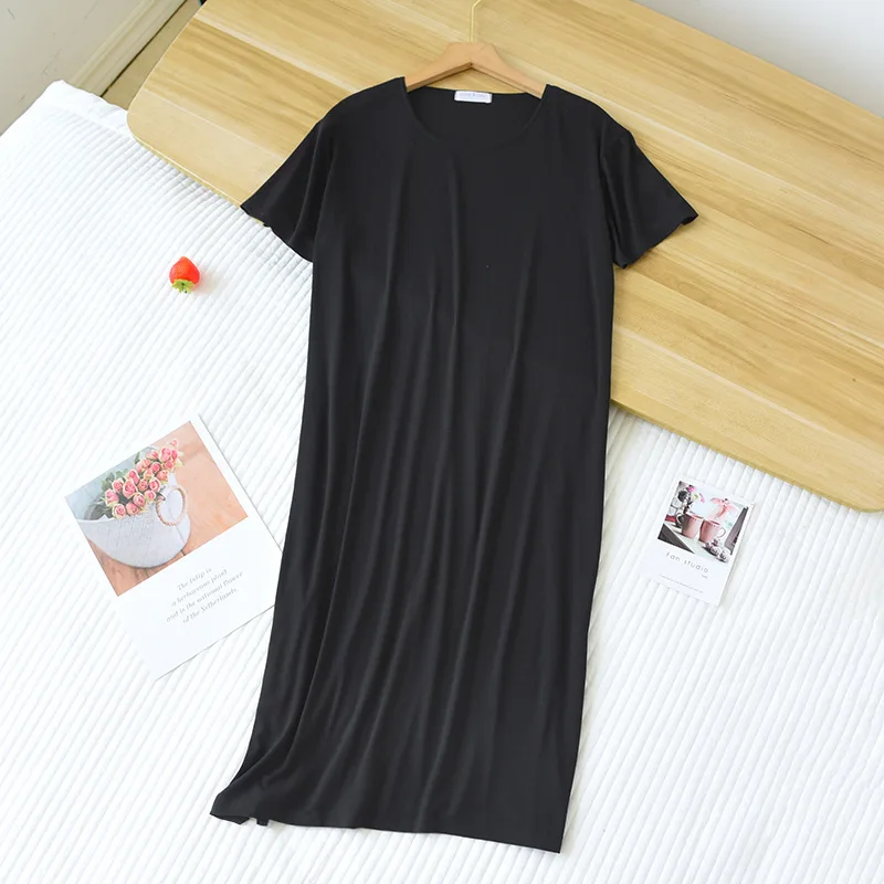 2023 New Summer Women's Sleeping Dress Combed Cotton Bottom Split Long Dress Casual Solid Color Slim Short Sleeve Home Dress