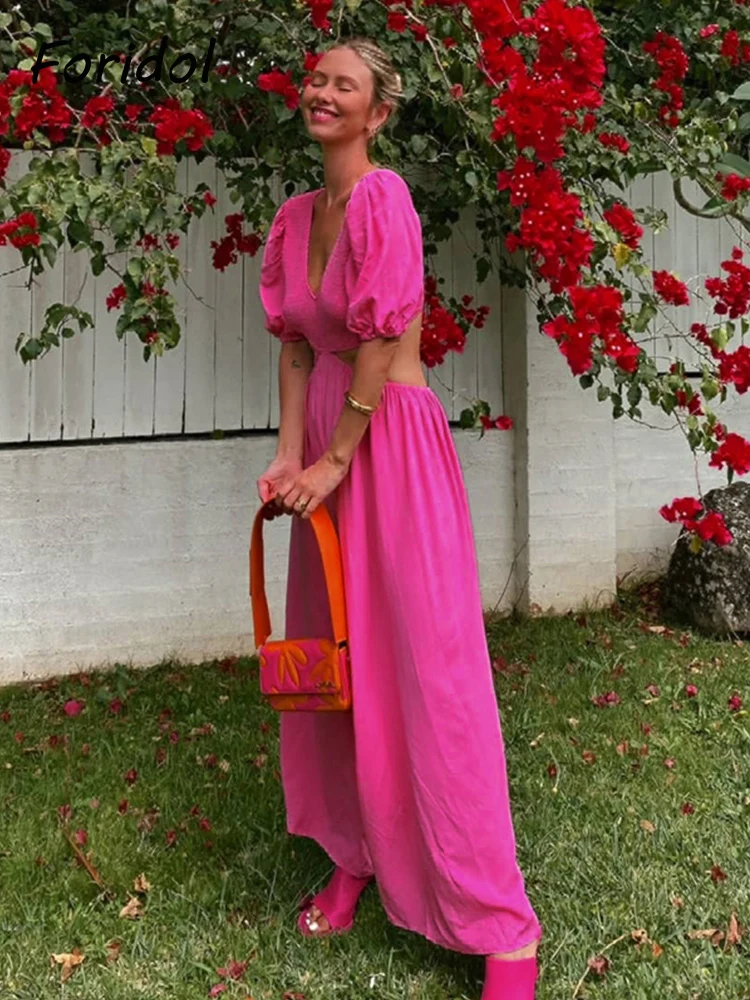 

Foridol Lantern Sleeve Rose Red Backless Sexy Summer Dress Maxi Long Elegant Ladies Dress Robe Women Beach Dress Dropshipping