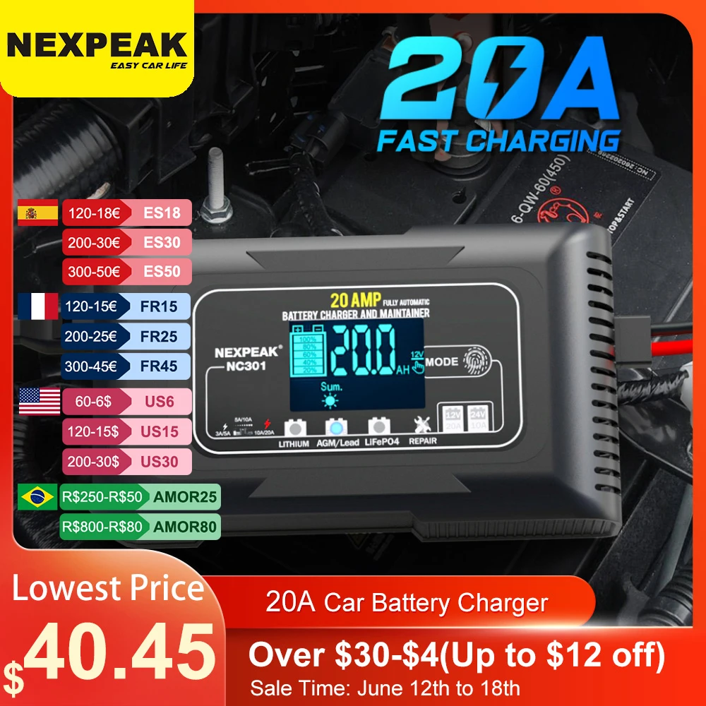 20A Car Battery Charger 12V and 24V Smart Fully Automatic Battery Charger for Car Truck Boat Lead Acid Lithium LiFePO4 Batteries