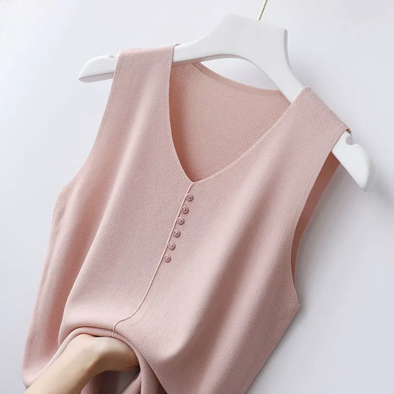 

2022 Women Summer V-Neck Knitted Vest Tank Sleeveless Button Slim Top Female Ice Silk Camisole Vests Solid Color Inner Tops