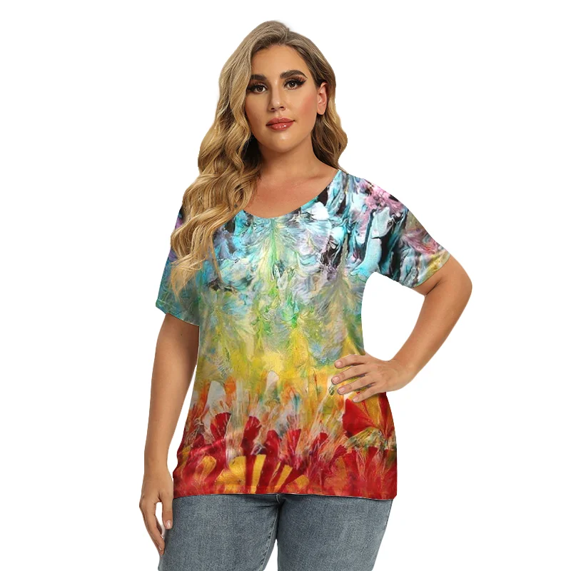 

Women T-Shirt 3D Floral Printed Tee Shirts Summer Short Sleeve V-Neck Loose Casual All-match TShirt Fashion Lady Streetwear Tops