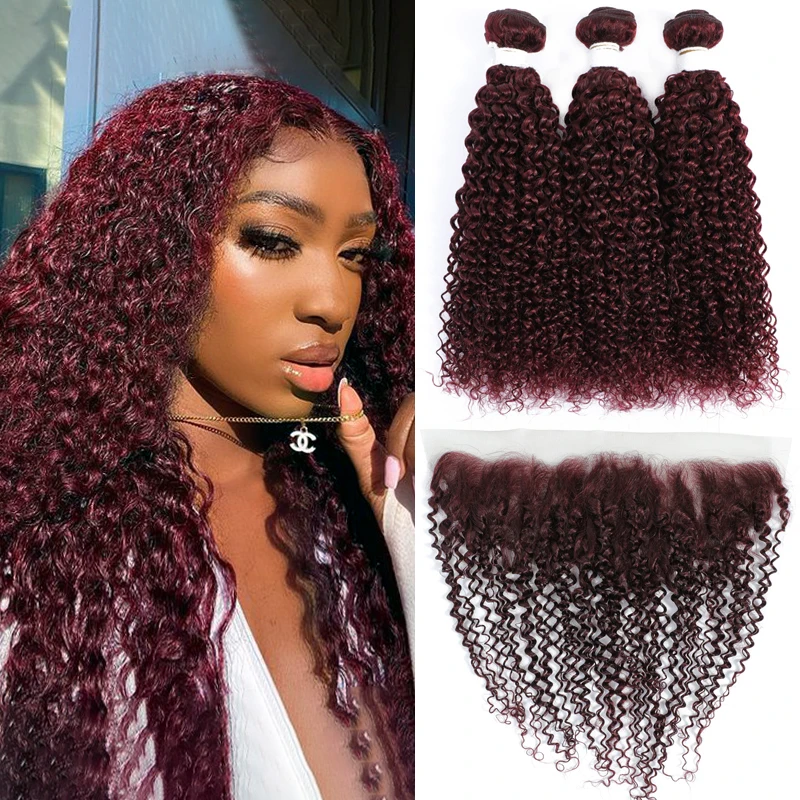 

99J/Burgundy Kinky Curly Human Hair Bundles With Frontal 13x4 RedWine Brown Brazilian Hair Weave Bundles With Closure Remy SOKU