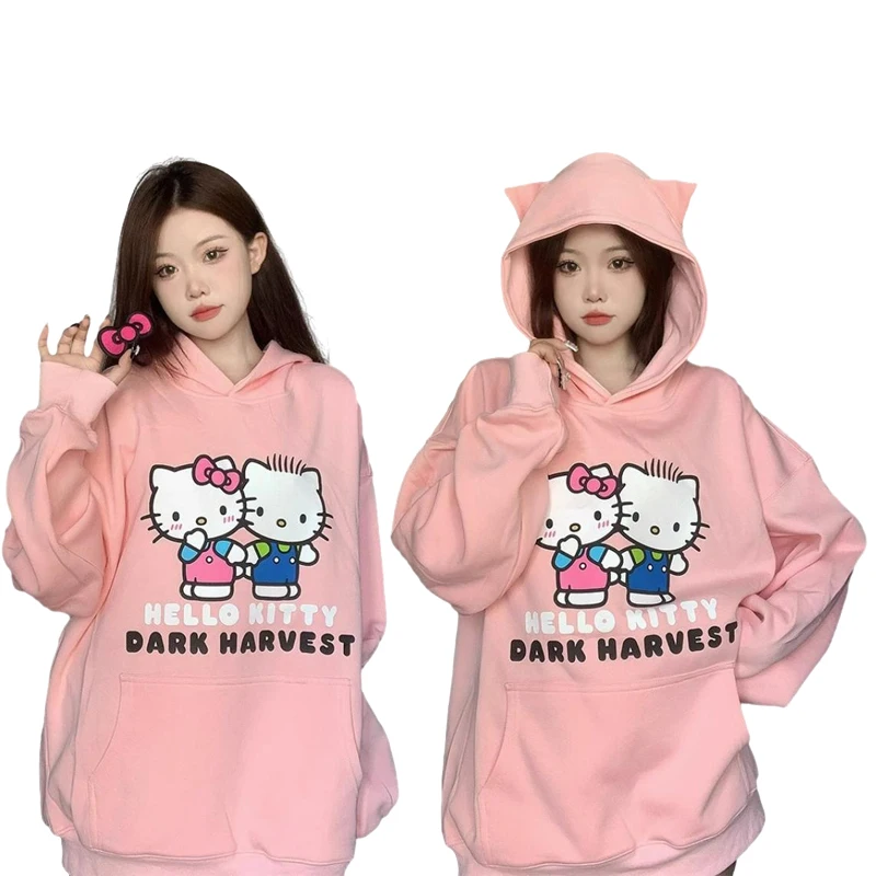 

Hellokitty Oversize Loose Trendy Vintage Hoodie American Vintage Autumn Winter Sweet Pink Kawaii Women Clothing Long Sleeve Coat